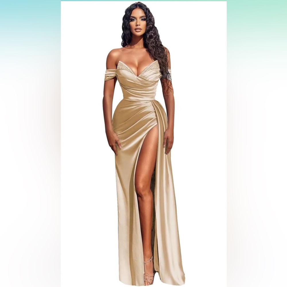 Off shoulder beaded gold champagne formal dress satin with a slit